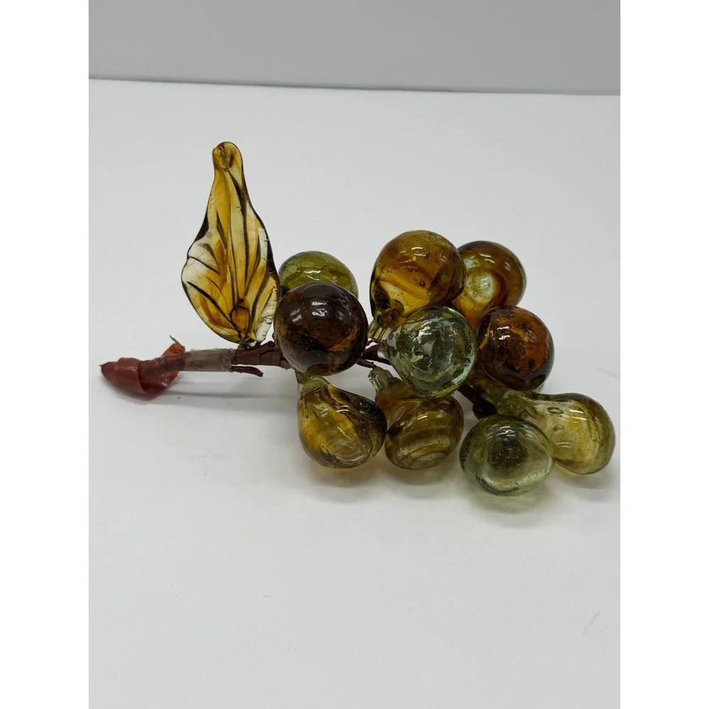 Vintage Hand Blown Glass Grape Cluster Amber Murano MCM Decorative Fruit 8 Inch